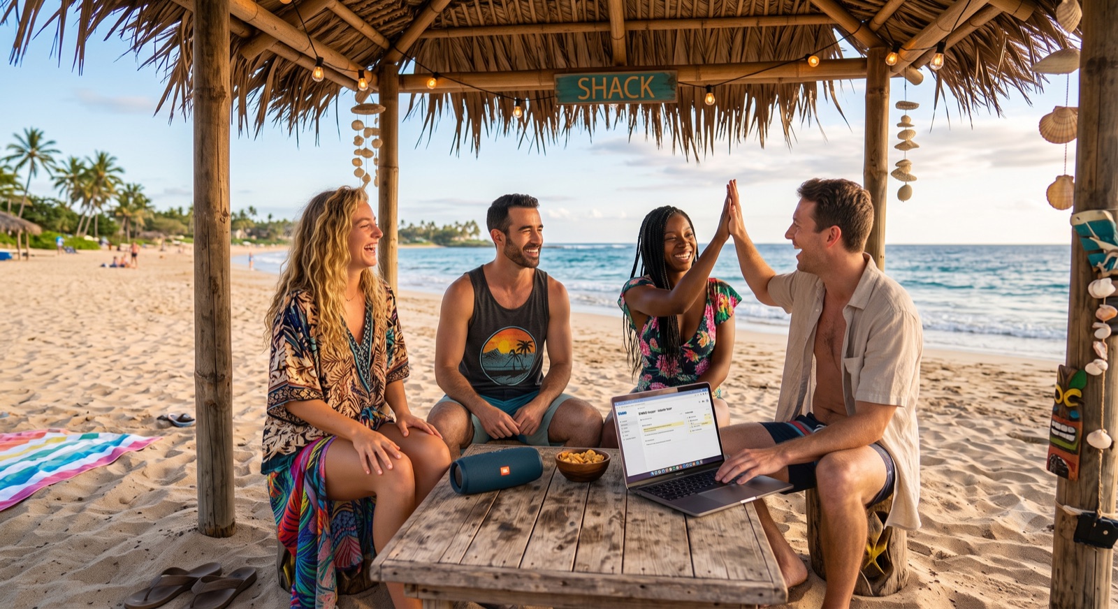 Friends high-fiving in a beach shack with a laptop